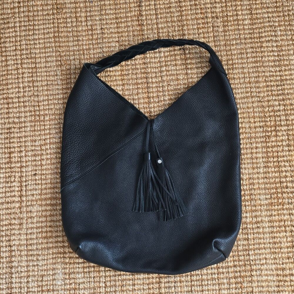 Urban Artisan Black Pebbled Hobo Bag Tassel Accent Magnetic Closure Large